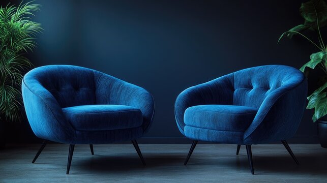 Stylish blue armchairs with soft curves and sleek black metal legs, showcased in a contemporary minimalist setting against a dark background.