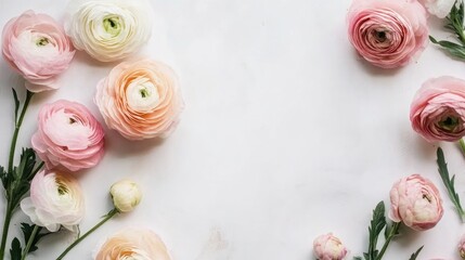 Fototapeta premium Pastel ranunculus flowers in soft pink, white, and peach hues arranged on a white stone table, creating a delicate floral border perfect for greeting cards.