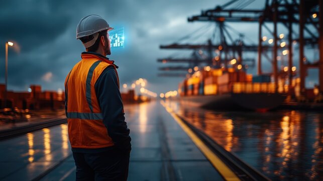 Industrial Worker Observing Port Operations with Digital Overlay of Information at Night, Highlighting Modern Technology in Maritime Logistics