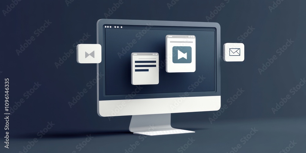 Poster A stylized computer screen displaying various digital communication interfaces.