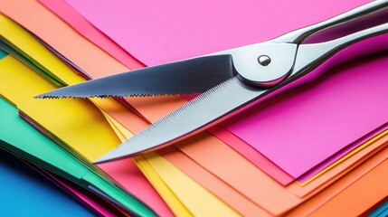 Fototapeta premium Colorful sheets of paper with a pair of sharp scissors placed on top, ideal for crafting and creative projects showcasing vibrant hues and textures.