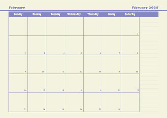 February 2025 Monthly Planner, Table Format
February 2025 planner with note, taking sections and a neat table design