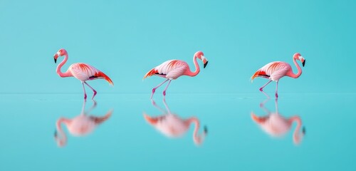 Three graceful pink flamingos walking in the tranquil waters of Uyuni Lake, their reflections perfectly mirrored on the calm blue surface