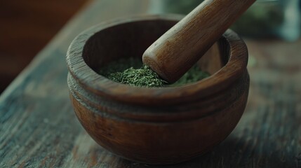 Close-up of a wooden mortar and pestle with green herbs being crushed.