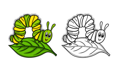 Cute caterpillar cartoon character on leaf line art coloring pages book for kids vector illustration
