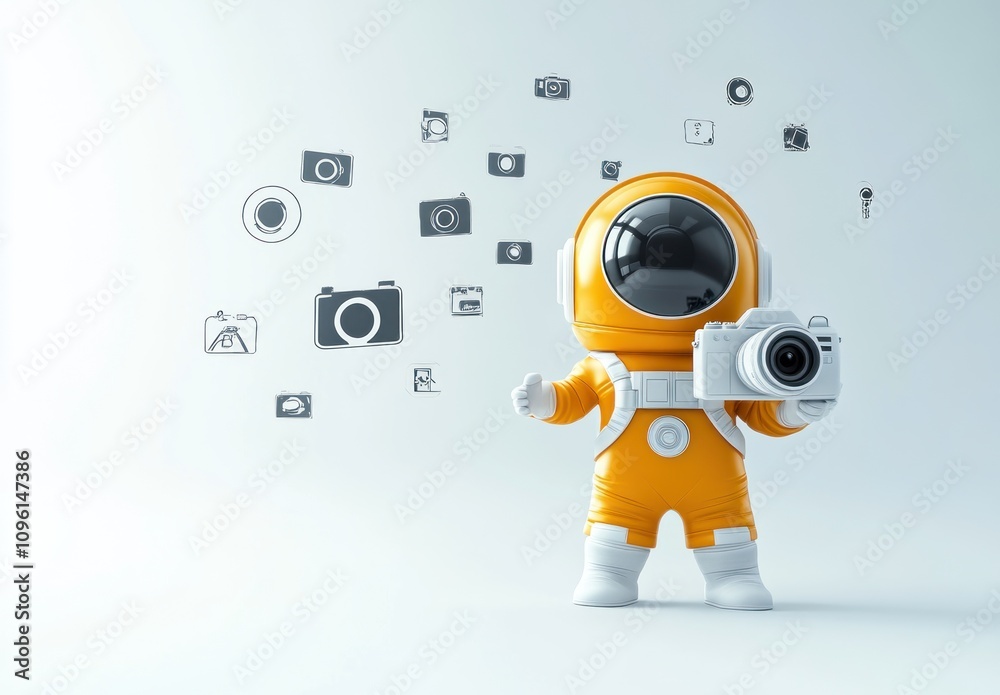 Poster a cute astronaut character holding a camera, surrounded by floating camera icons.
