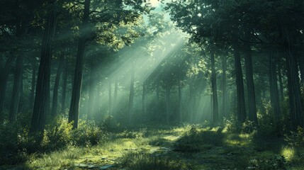 Obraz premium Sunbeams illuminate a mystical forest path, dappled light filtering through dense trees and undergrowth.