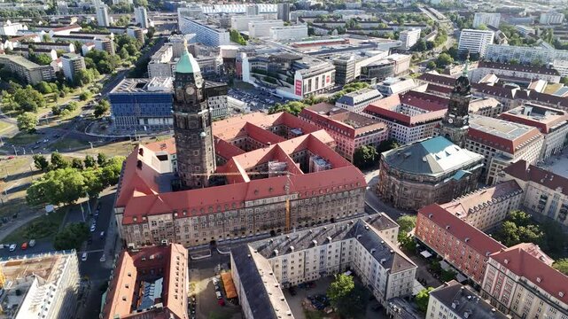 Aerial footage of Dresden City Hall (Rathaus), Germany