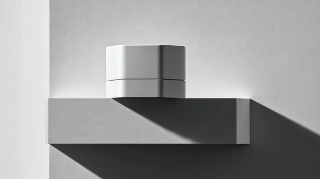 A simple, geometric white box rests on a gray shelf against a light gray wall