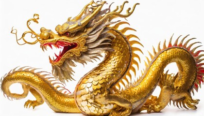 Obraz premium Majestic Chinese Golden Dragon Isolated on White Background â€“ Traditional Oriental Art Depiction of a Glorious Golden Dragon in Stunning Detail and Symbolic Elegance, Perfect for Creative