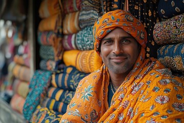 Obraz premium Portrait of a smiling man in colorful traditional clothing at a textile market