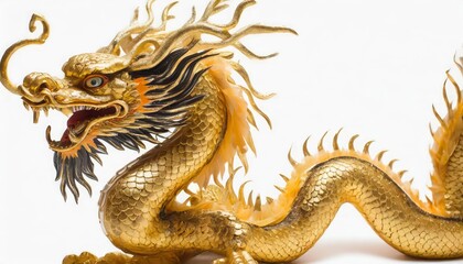 Fototapeta premium Magnificent Chinese Golden Dragon Statue Isolated on White Background â€“ Traditional Symbol of Prosperity and Power with Intricate Gold Detailing and Classic Cultural Significance