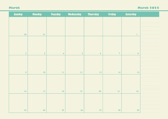 March 2025 Monthly Planner, Table Format
March 2025 planner with note, taking sections and a neat table design