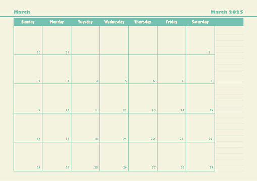 March 2025 Monthly Planner, Table Format
March 2025 planner with note, taking sections and a neat table design