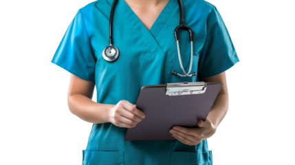 Healthcare professional in scrubs with a stethoscope isolated on a transparent background, PNG