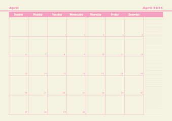 April 2025 Monthly Planner, Table Format
April 2025 planner with note, taking sections and a neat table design