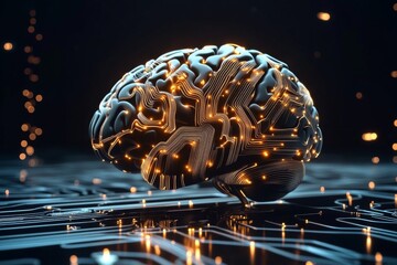 3D Rendering of Intricate Brain Circuit Board Pattern with Orange and Yellow Tones on Dark Background