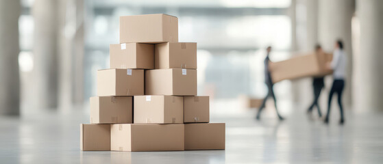 Stacks of labeled cardboard boxes in spacious area with people moving boxes. scene conveys sense of organization and activity in warehouse or storage space