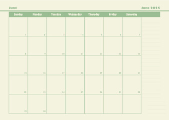 June 2025 Monthly Planner, Table Format
June 2025 planner with note, taking sections and a neat table design