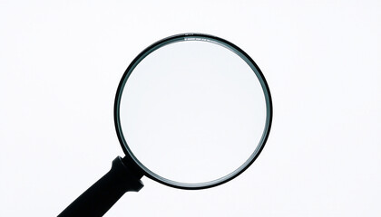 The image displays a magnifying glass with a round, clear lens and a black handle. It is positioned against a neutral background. There are no texts or additional objects visible in the image.