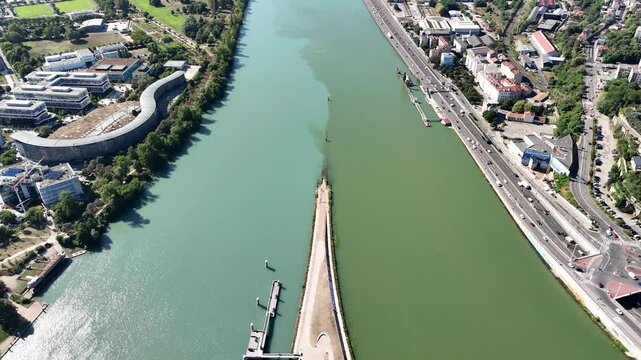 Drone shot of the confluence of Rhone and Saone rivers in Lyon, France