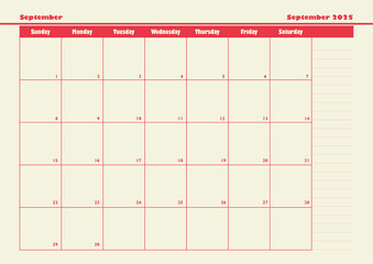 September 2025 Monthly Planner, Table Format
September 2025 planner with note, taking sections and a neat table design