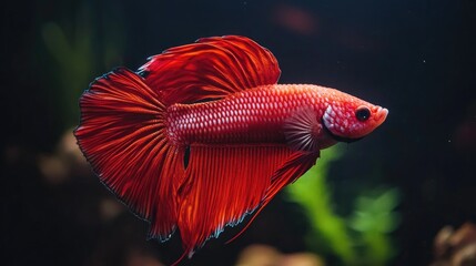 Obraz premium Vibrant red betta fish gliding gracefully in an aquarium, showcasing intricate fins and scales against a dark, serene backdrop.