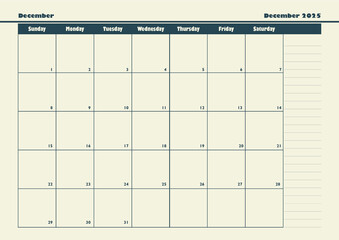 December 2025 Monthly Planner, Table Format
December 2025 planner with note, taking sections and a neat table design