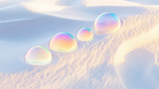 Iridescent bubbles on soft white sand, shimmering with rainbow colors, create a whimsical and enchanting backdrop for imaginative artwork.
