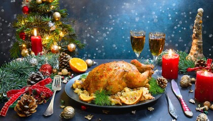 Festive Christmas Meal on a Beautifully Decorated Table with Holiday Ornaments, Traditional Dishes, and Warm Seasonal Ambiance Perfect for Celebrating the Magic of Christmas with Loved Ones