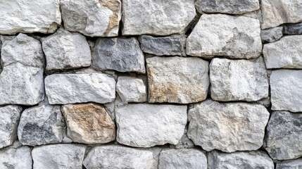 Fototapeta premium Panoramic view of a gray and white stone wall featuring rough, uneven textures and a mix of light and dark stones, creating a rustic appearance.