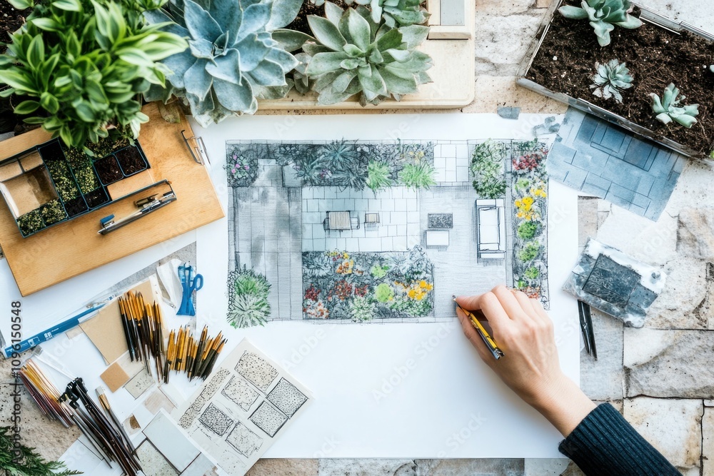 Aufkleber a hand sketches a garden design amidst plants and drafting tools on a workspace.