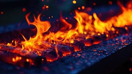 Obraz premium Vibrant flames dancing atop hot coals, creating an inviting atmosphere for grilling shish kebabs in an outdoor setting.