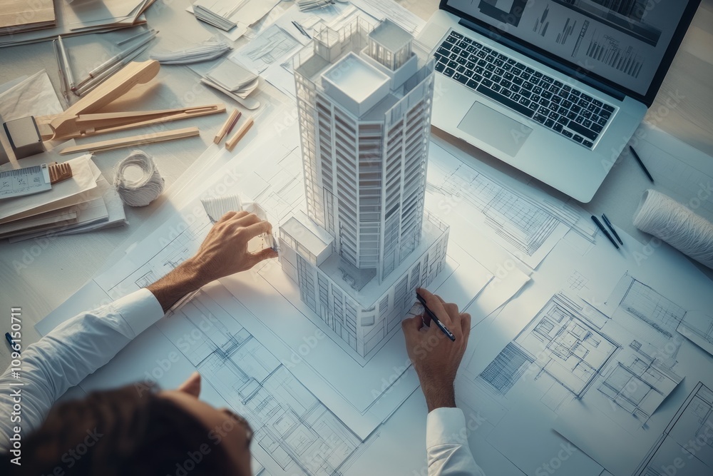 Poster A designer working on architectural plans with a model of a skyscraper.