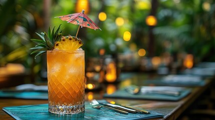 A tropical cocktail sits on a colorful table featuring a small umbrella and a fresh slice of pineapple inviting relaxation by the beach