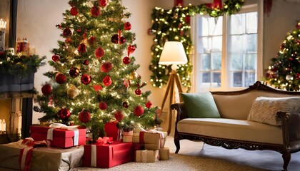 Beautifully decorated Christmas tree in a cozy living room, surrounded by wrapped gifts, glowing ornaments, sparkling lights, and festive decorations, evoking warmth and holiday cheer.