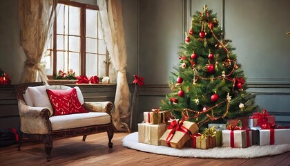 Beautifully decorated Christmas tree in a cozy living room with neatly arranged wrapped gifts, festive lights, garlands, and ornaments creating a warm holiday ambiance for seasonal