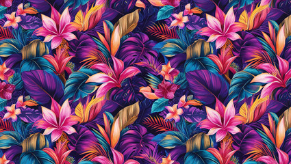 vibrant and colorful floral pattern with a tropical theme, showcasing bold flowers and lush greenery that evoke a lively and exotic atmosphere