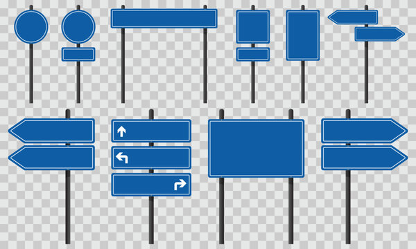 Naklejki Set of blue road signs on steel poles. Blank signs for customized text or symbols. Vector illustration, EPS10