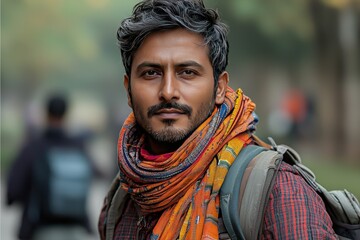 Confident traveler with colorful scarf in urban setting
