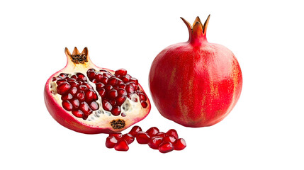 Juicy pomegranate with seeds visible inside the opened fruit isolated on a transparent background, PNG