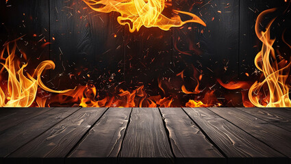 Fototapeta premium wooden table with fire burning at the edge, creating a dramatic and warm ambiance that highlights the contrast between natural elements and intense heat