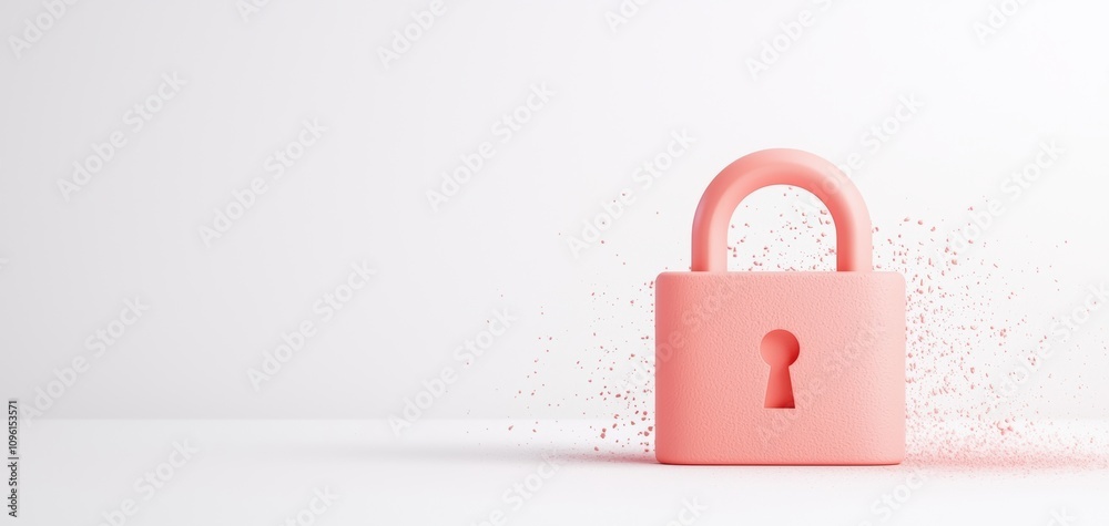 Poster anti tracking settings concept. A pink padlock appears to disintegrate, symbolizing the concept of security and the fragility of protection in a minimalist setting.