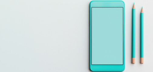 anti tracking settings concept. A minimalist scene featuring a teal smartphone and two matching pencils on a light background.