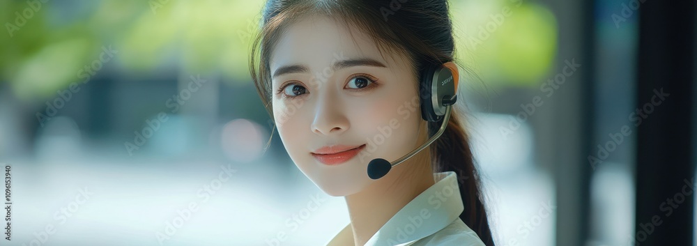Poster a smiling customer service representative wearing a headset in a bright environment.