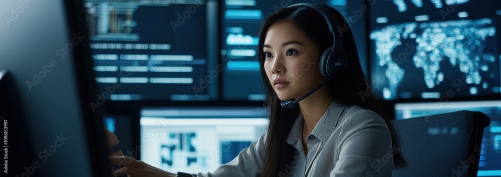 Poster a focused individual wearing a headset, working at a computer in a high-tech environment.
