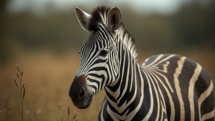 Fototapeta na wymiar a zebra standing in the middle of a field, with its black and white stripes standing out against the blurred background