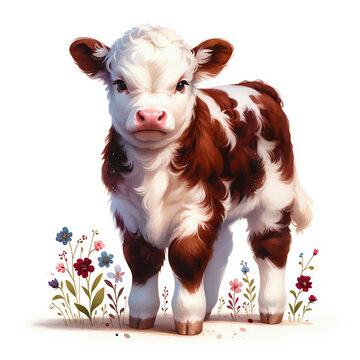 recommend clip art: Cute hereford calf with flowers illustration on a white background, red and white baby cow breed element 