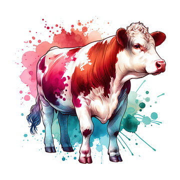 recommend clip art: Watercolor hereford cattle on a white background, red and white cow breed farm animal element