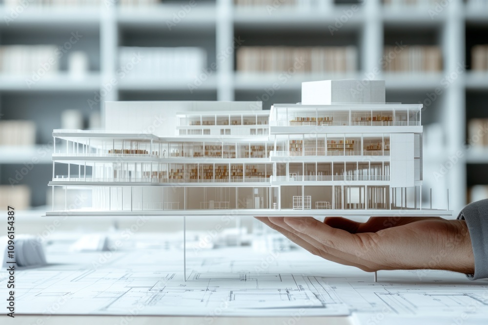 Poster a hand holds a detailed architectural model of a modern building, showcasing design features.